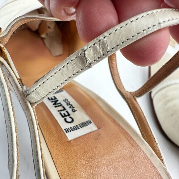 Celine Women Size EU 37.5 US 7 Cream Tan Pointed Toe T strap Heel Pump Sandal - Picture 14 of 16